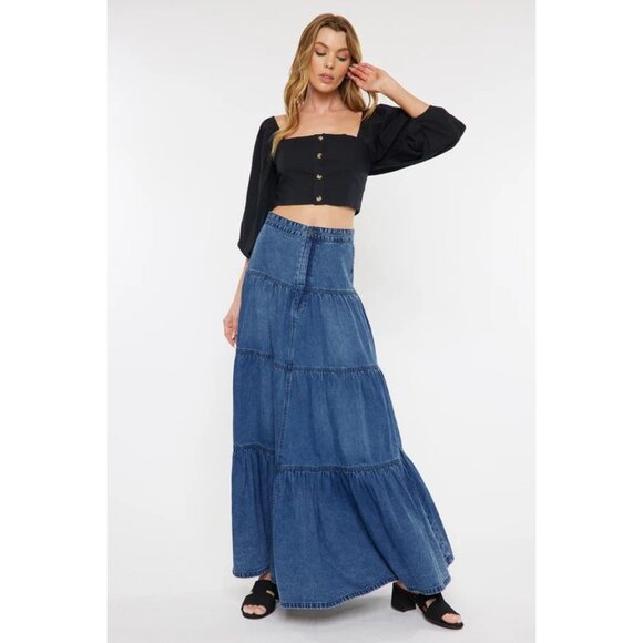 KanCan Size L Thalia Denim Tiered Maxi Skirt Dark Wash Zip-Fly Cottagcore - Picture 2 of 13